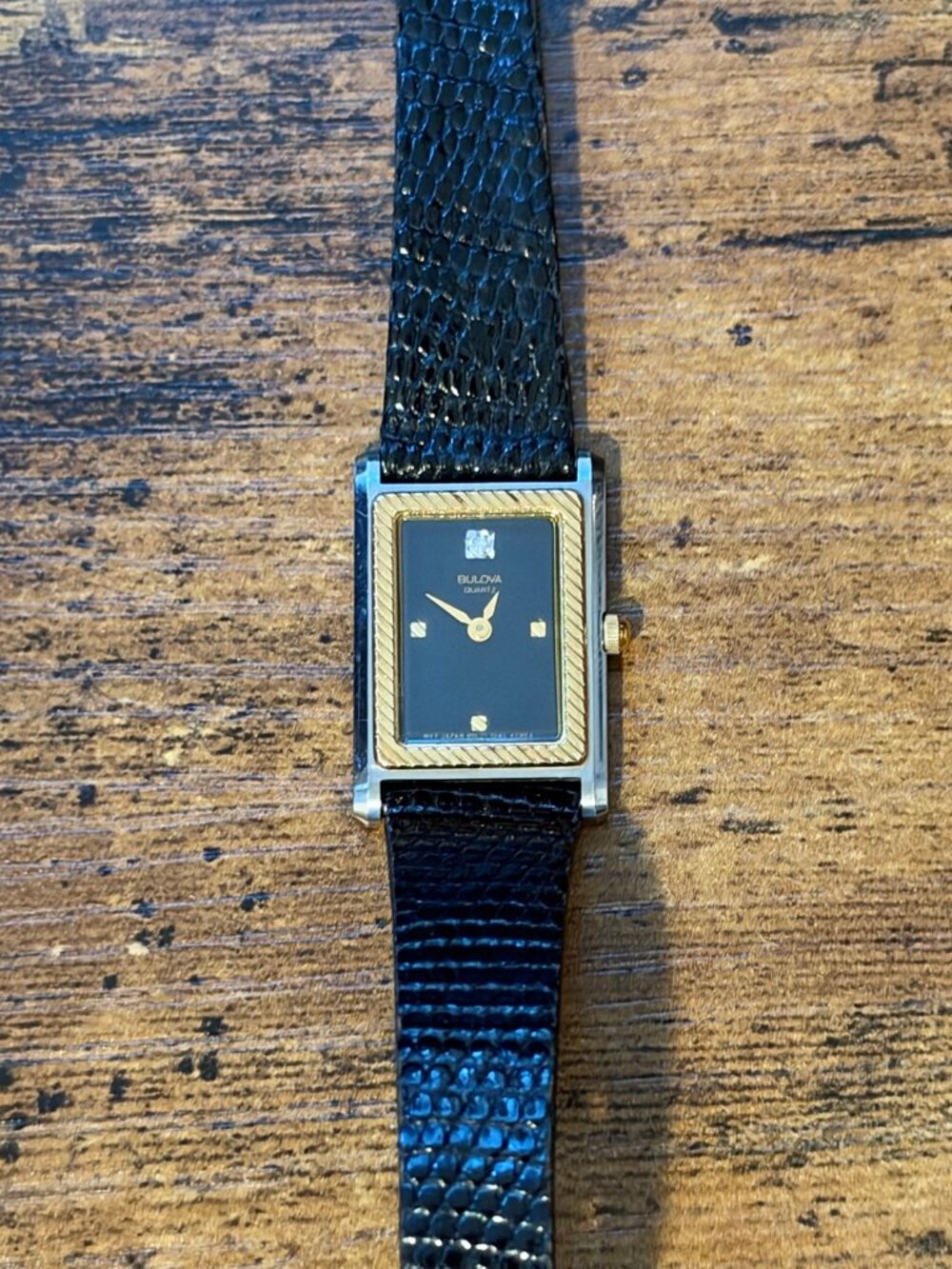 Bulova Quartz Tank Watch Women's Black Dial Gold Rope Bezel Lizard Strap 18x22mm